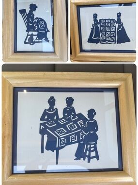 Wood-Framed Silhouette Quilt-Making Art Print - Navy on White - Set of 3